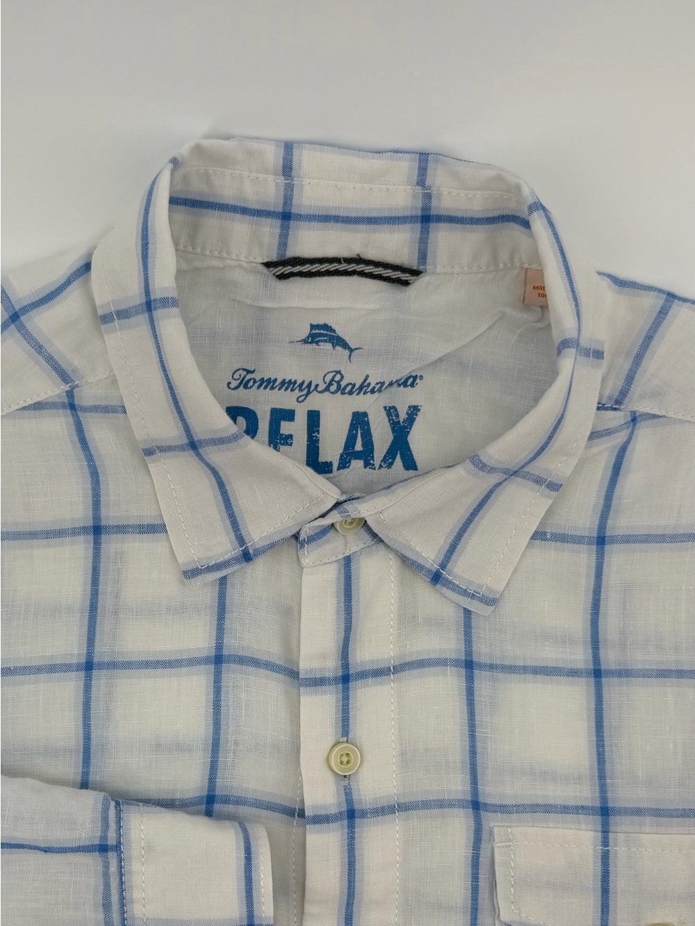Tommy Bahama White and Light Blue Plaid Relax Linen Button-Up Shirt L